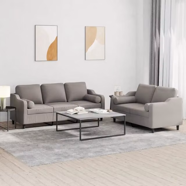 Set di Divani vidaXL da Soggiorno in Tessuto con Cuscini, 1 Divano a 2 Posti e 1 Divano a 3 Posti, Grigio e Beige