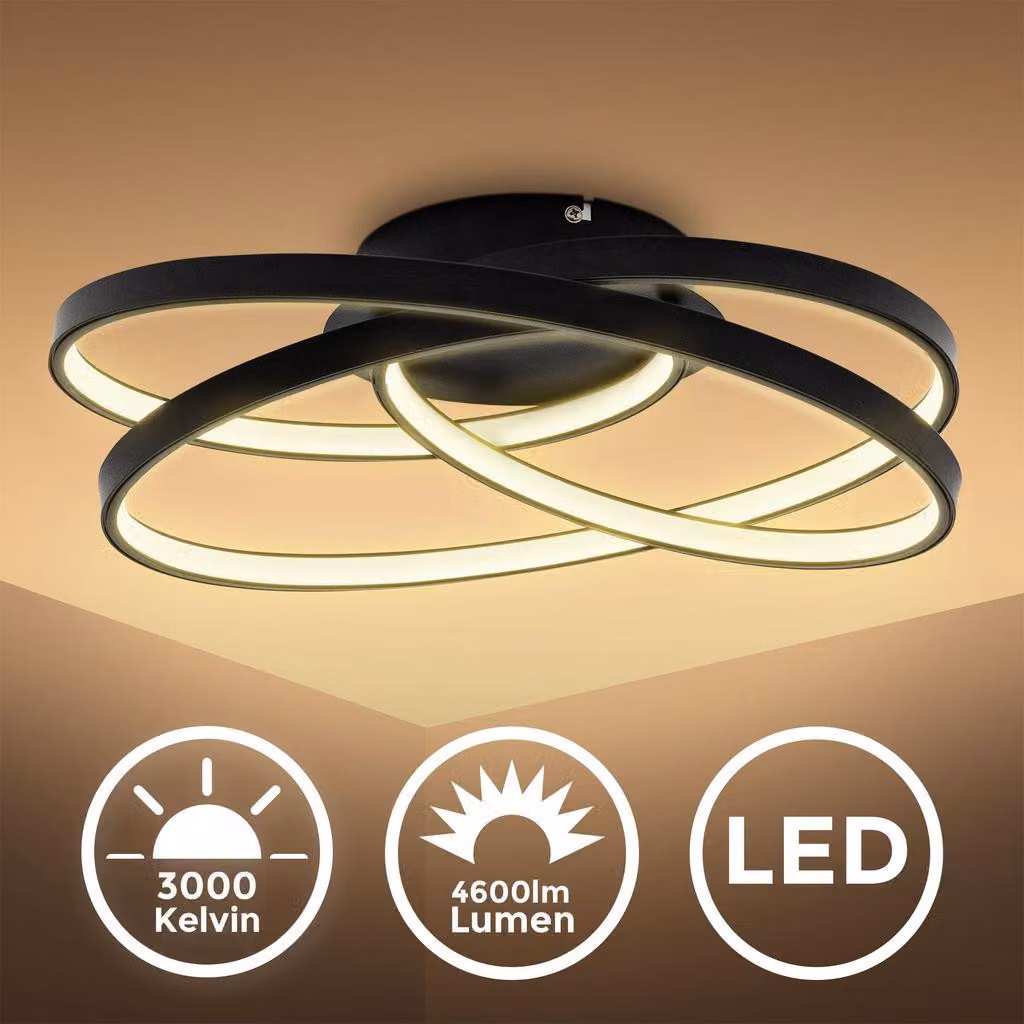 B.K.Licht Plafoniera LED ad anelli, 35W, luce calda 3000K, 4600Lm, lampada da soffitto LED per soggiorno o camera da letto, nero