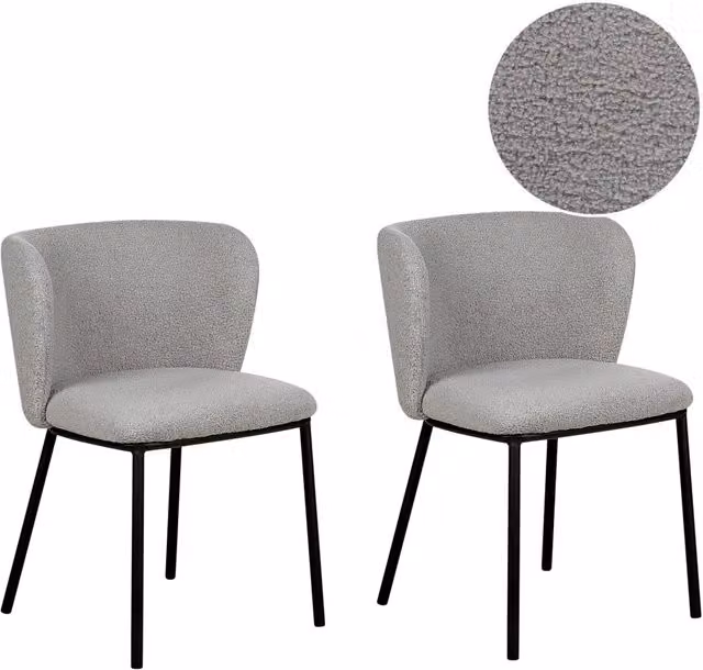 Set di 2 sedie da pranzo Beliani in tessuto bouclé grigio con gambe in metallo nero e schienale curvo design moderno