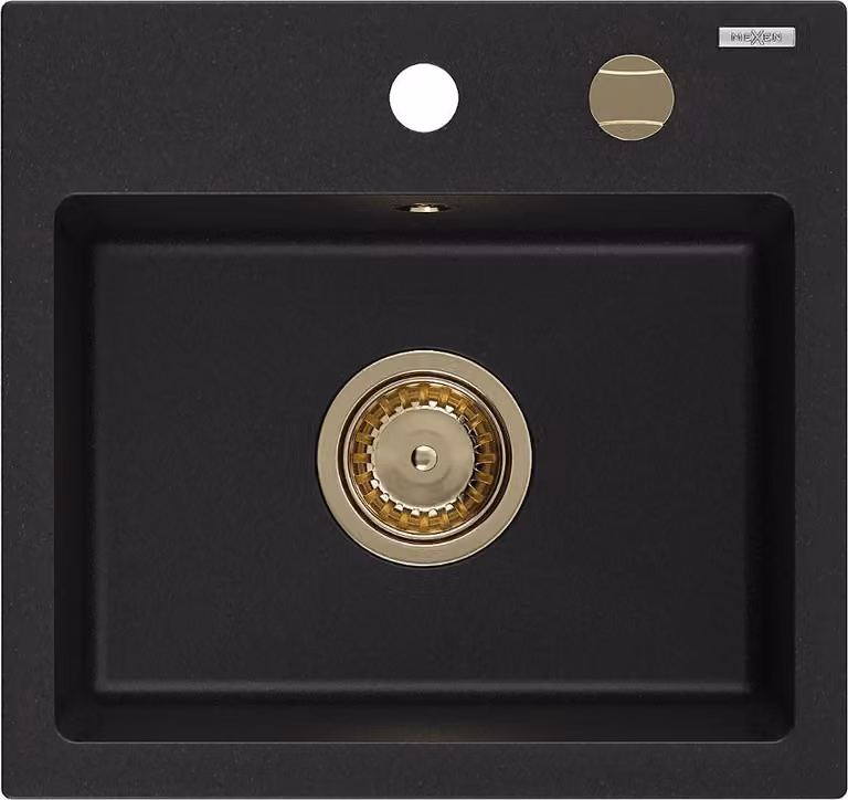Mexen Milo lavello in granito a 1 vasca 435 x 410 mm, nero, sifone dorato - 6505441000-77-G