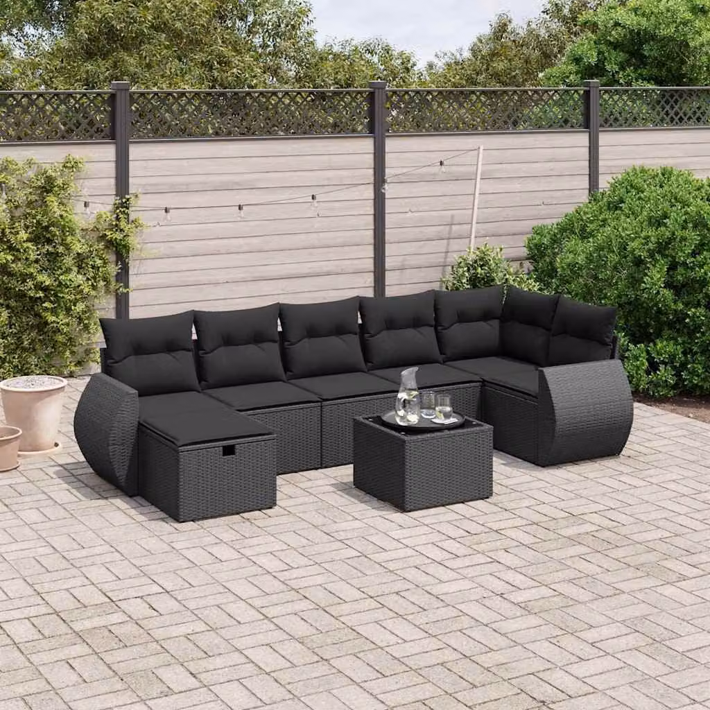 vidaXL Set Divani da Giardino a L con Cuscini 8 pz Nero in Polyrattan e Acciaio – 1