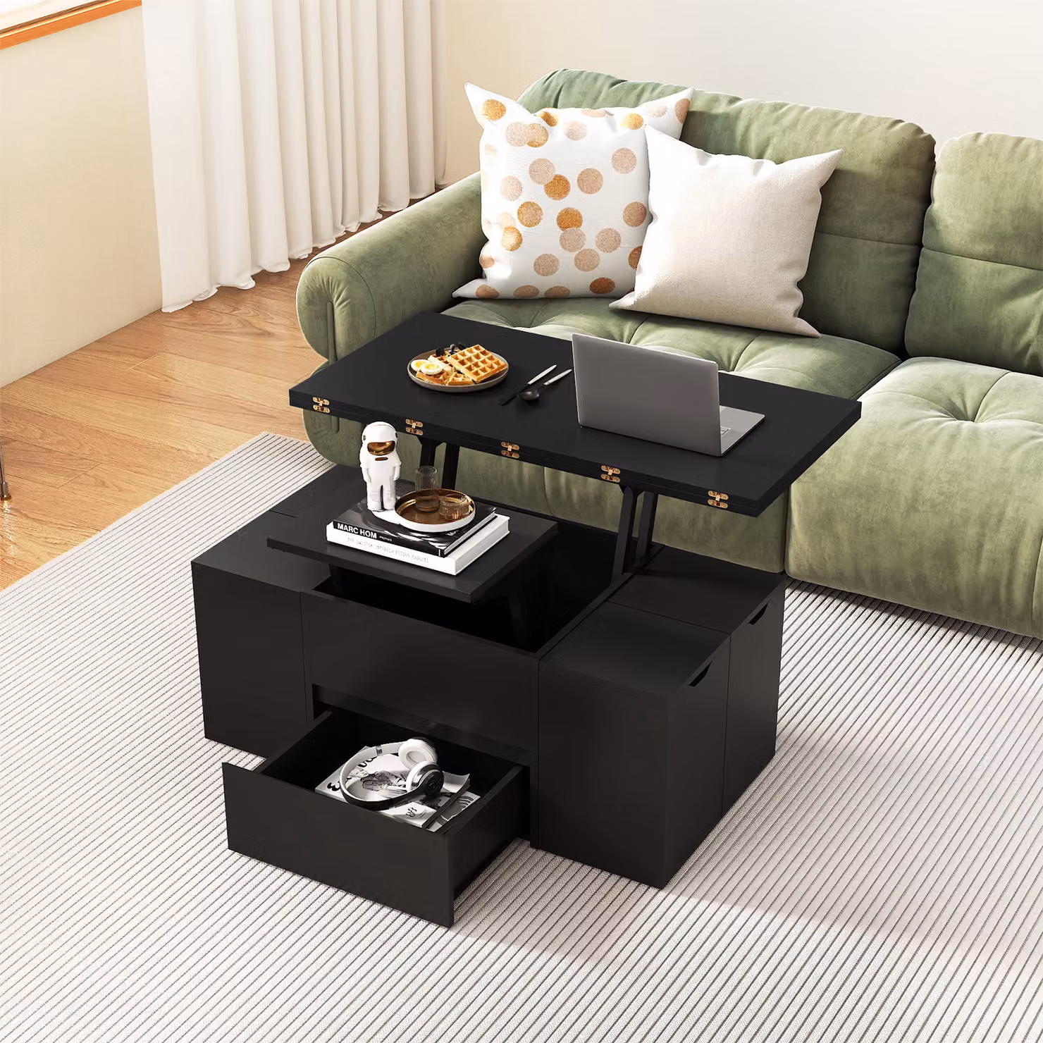 Tavolino da caffè Costway 3-in-1 con piano sollevabile, 4 sgabelli e contenitori integrati, design moderno rettangolare, Nero