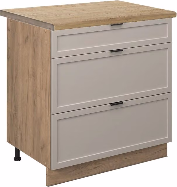 Mobiletto base per cucina Fame-Line GrigioBeige/Rovere dorato 80 cm con 3 cassetti, PL Rovere Vicco