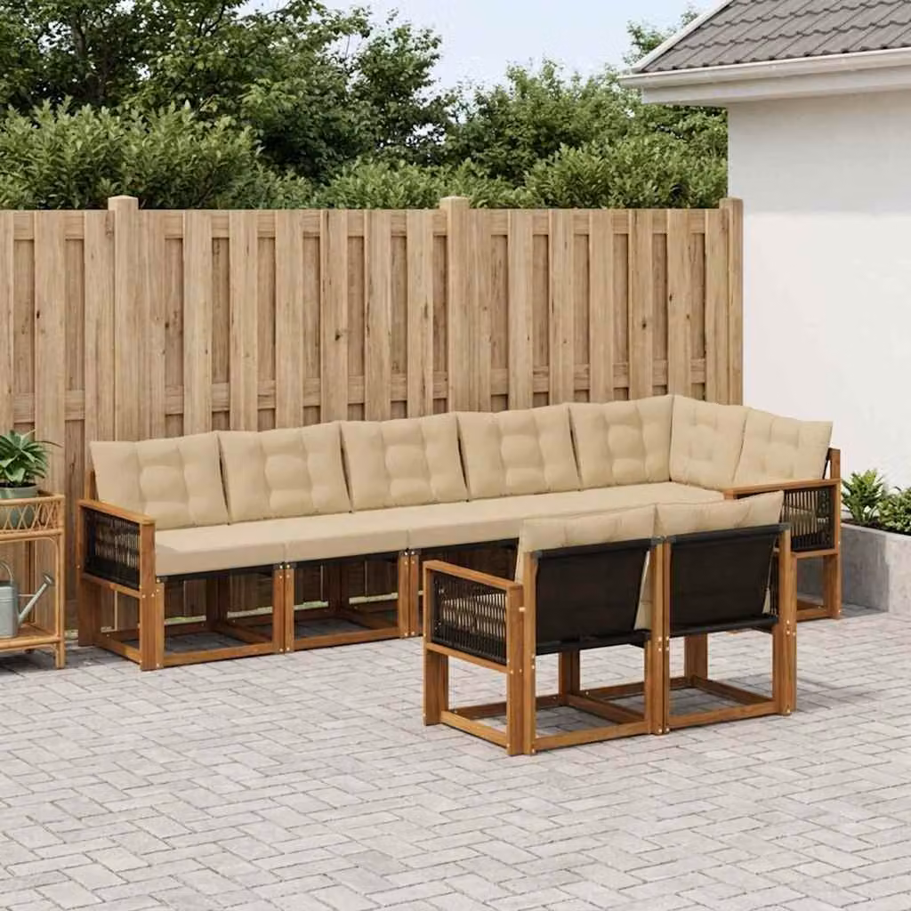 Set di divani da esterno vidaXL 8 pz in legno di acacia e textilene, colore marrone e beige, design moderno a L con cuscini inclusi