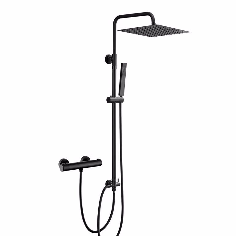 JOHO Colonna Doccia con Miscelatore Termostatico in Acciaio Inox 304, Fori Muro Regolabile con Rubinetto Pioggia e Doccetta, U-30×30cm Nero Opaco