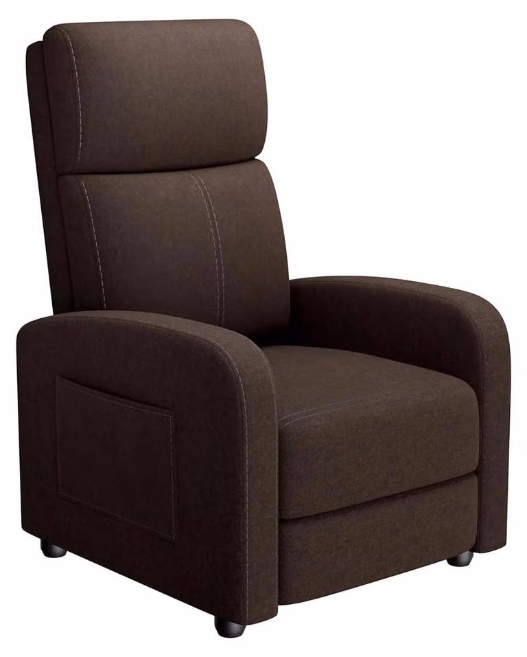 Poltrona ergonomica - Poltrona reclinabile manuale - Funzione push-back - Schienale alto - Braccioli larghi - Imbottitura morbida - Struttura in legno - Rivestimento in tessuto - Marrone