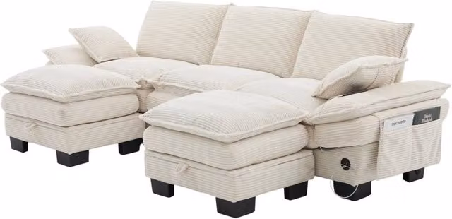 Divano modulare 3 posti in velluto a coste beige con 2 pouf, schiuma ad alta densità, porta USB-C e tasche laterali