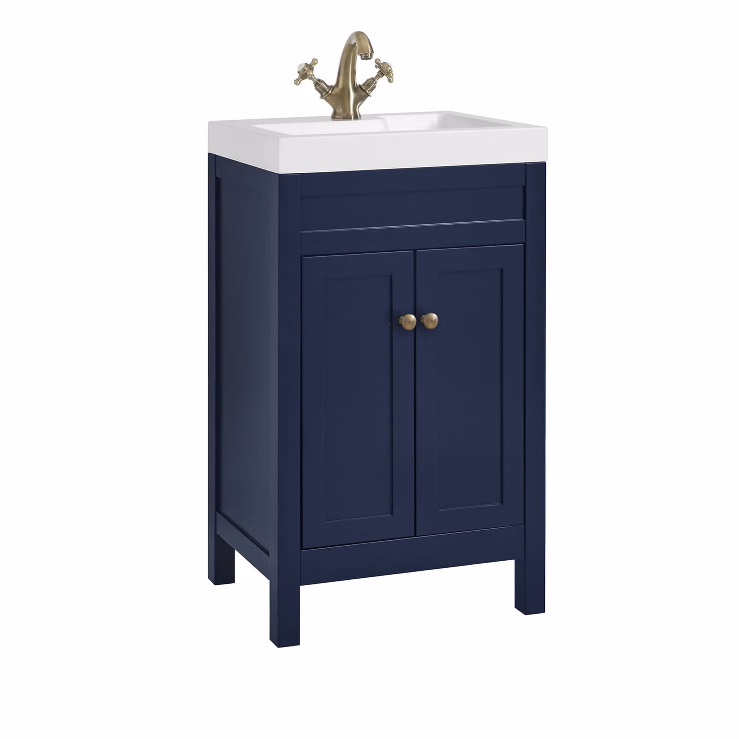 Mobile Bagno Blu Marino da 500mm con Lavabo e  Maniglia Classica Rotonda in Ottone Spazzolato - Warwick