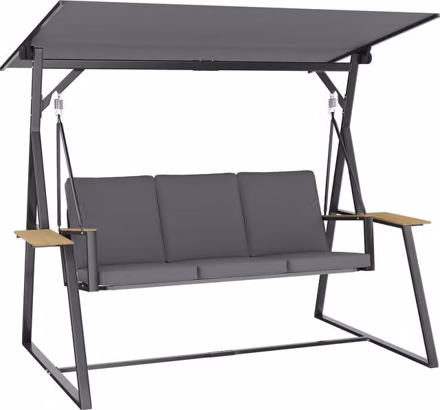 Dondolo da giardino Outsunny a 3 posti con tetto regolabile, 2 vassoi e cuscini, telaio in metallo, colore grigio