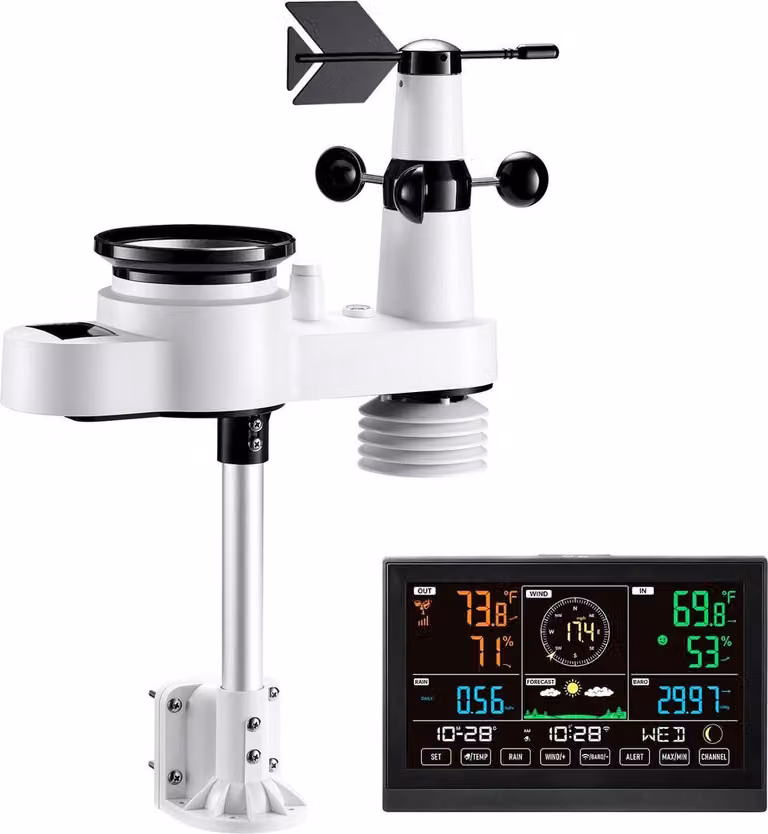 Stazione meteorologica Wi-Fi 5 in 1, display VA da 190,5 mm, sensore esterno wireless alimentato a energia solare, pluviometro, uso interno ed esterno per previsioni meteorologiche, velocità e direzione del vento, temperatura, umidità, precipitazioni