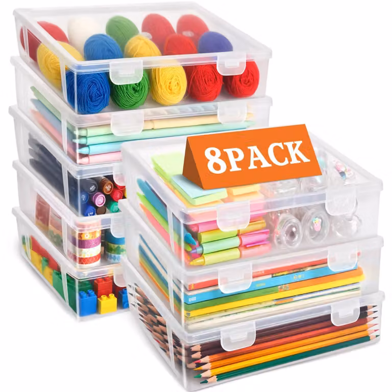 Contenitori impilabili per l'organizzazione, set da 8, trasparenti, senza BPA, con coperchio a scatto