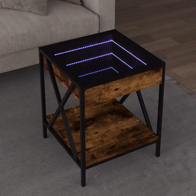 vidaXL Tavolino da Salotto Infinity con LED in Rovere Fumo e Vetro, L/P/H: 40 x 40 x 49 cm