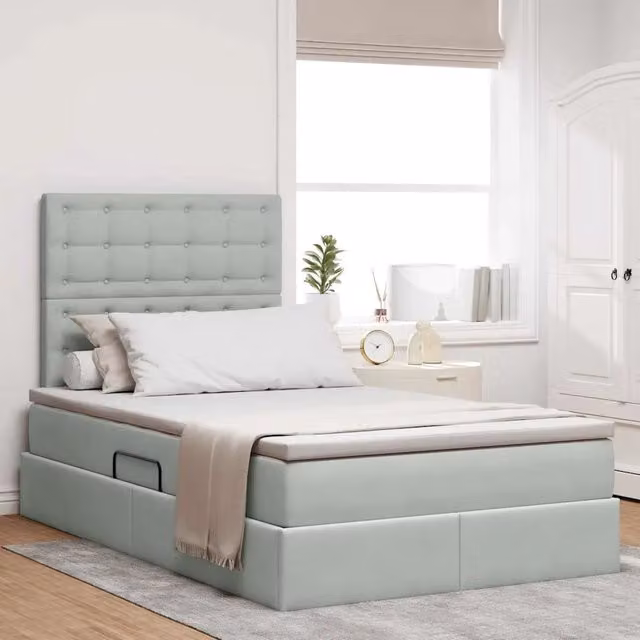 Letto con contenitore moderno vidaXL in tessuto grigio con base a sollevamento, porte USB e illuminazione sottostante, L/P/H: 200 x 120 x 280 cm