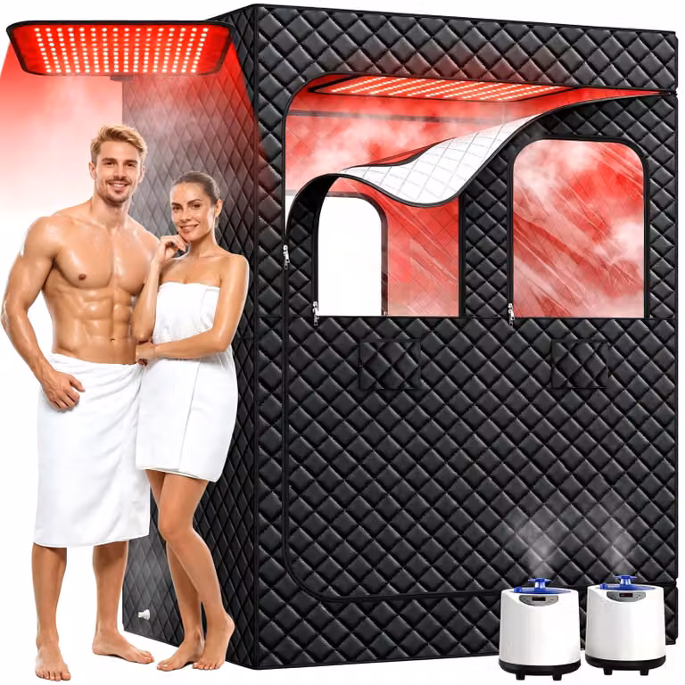 Sauna a infrarossi per 2 persone, dotata di 160 LED rossi e 320 LED NIR, con una potenza di 2 x 1200 W