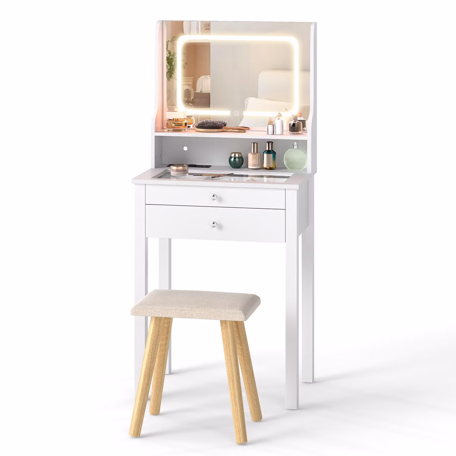 COSTWAY Tavolo da trucco, tavolino da toeletta con illuminazione a LED, sgabello, ripiano in vetro, prese elettriche, cassetti e ripiano, specchio da toeletta, 60 x 40 x 132 cm, bianco