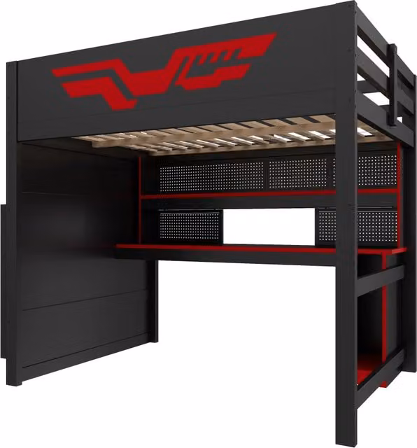 Letto gaming a soppalco 140x200 cm con scrivania, scala con contenitori, illuminazione LED e presa USB