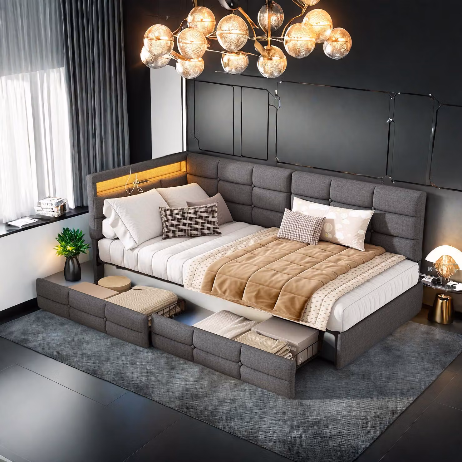 Letto 90x200 cm in tessuto grigio con testiera a L, LED integrati, porte di ricarica e cassetto portaoggetti per i piedi