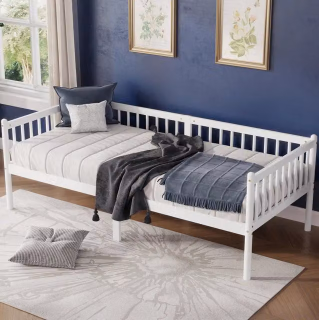 Letto da giorno ULEVR 90x200 cm con sponde su 3 lati e 14 doghe, in legno di pino bianco