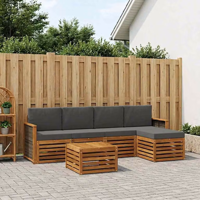 Set di divani da esterno vidaXL a forma di L in legno di acacia con tavolino e pouf, 6 pezzi, Beige e Antracite