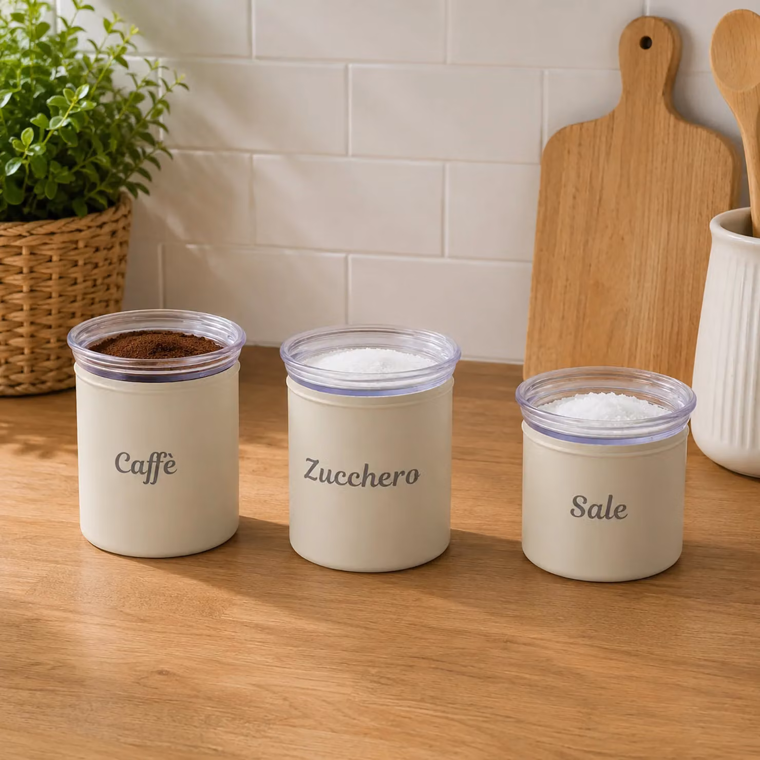 Set di 3 barattoli ermetici impilabili Guzzini Linea Chef in ceramica e plastica, colore beige – 2