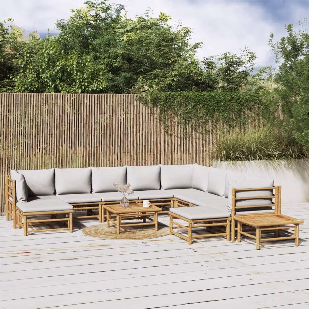 Set Salotto da Giardino vidaXL in Bambù con 12 Pezzi e Cuscini Grigio Chiaro