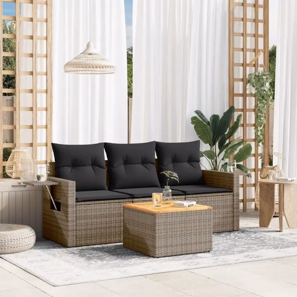 Set Salotto da Giardino 4 Pezzi in Polyrattan Grigio con Divano a 3 Posti, Poltrone, Tavolino e Cuscini Imbottiti con Coperture Rimovibili – 2