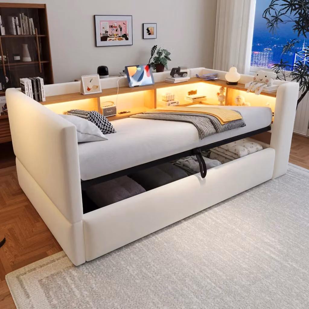 Divano letto Mivray beige con contenitore a sollevamento idraulico, illuminazione LED e prese USB, L/P/H: 90 x 190 cm – 2