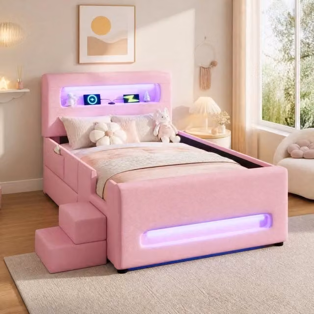 Letto singolo imbottito 90 × 200 cm con cassetto LED controllabile tramite app rosa in PU e MDF