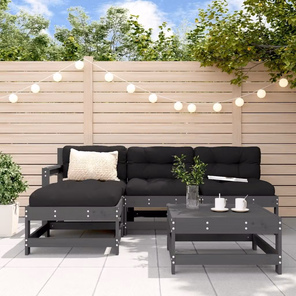 The Living Store Set da giardino 5 pezzi con cuscini in legno massiccio grigio