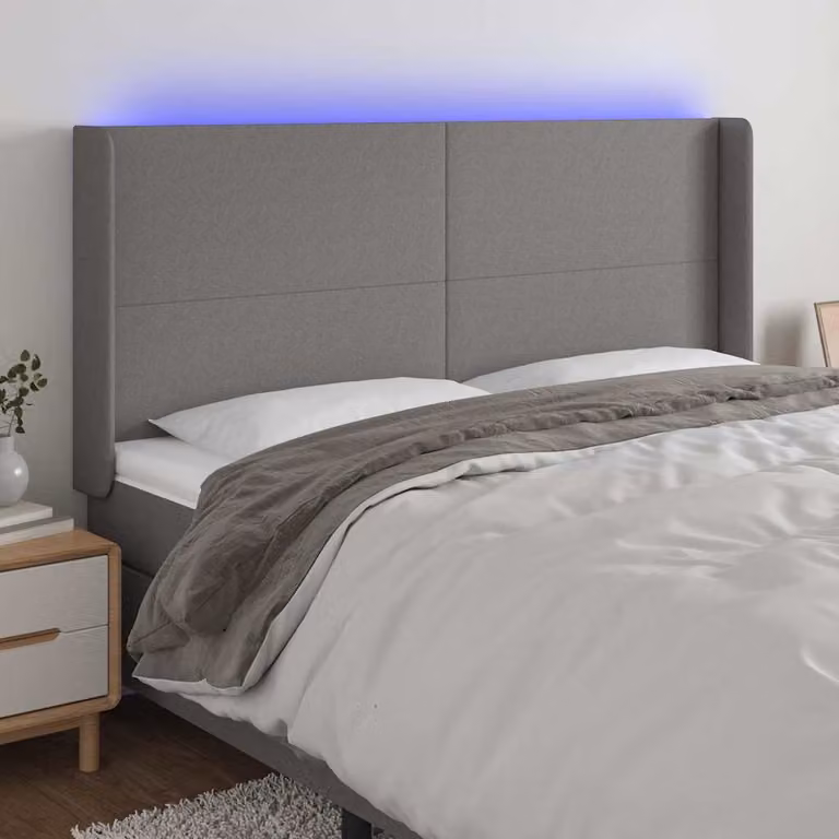 Testiera con LED e porta USB vidaXL in tessuto grigio, L: 163 cm, P: 16 cm, H: 118/128 cm
