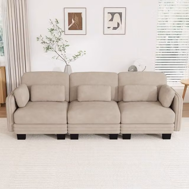Divano modulare a 3 posti in tessuto ciniglia; 253 x 88 x 88 cm; color caffè chiaro