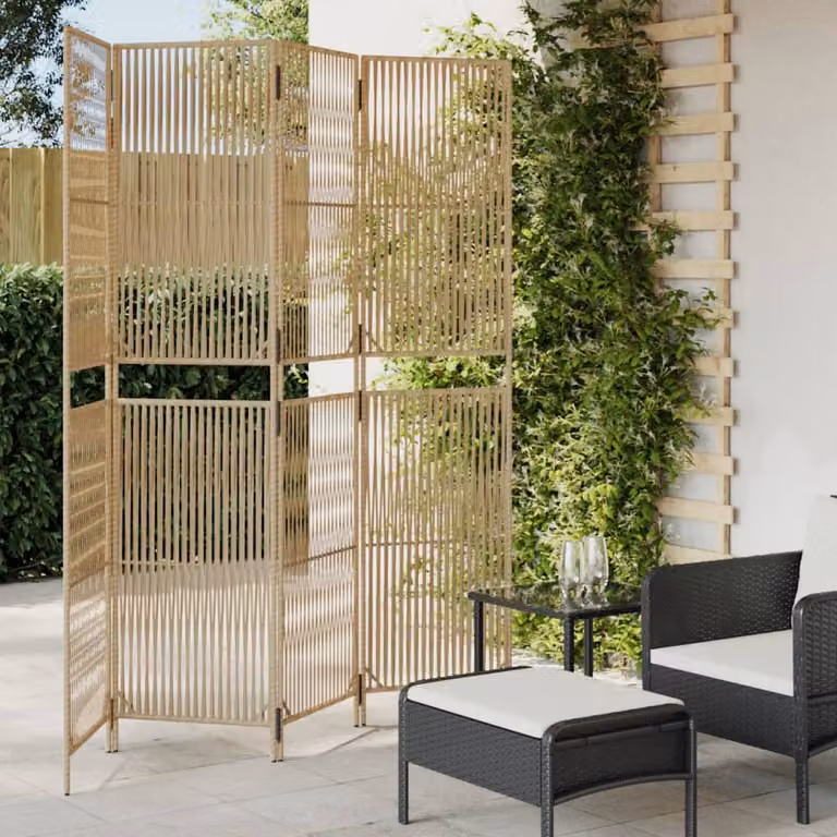 Divisorio per ambienti vidaXL a 4 pannelli in polyrattan e metallo, colore beige, H: 196 cm, L: 200 cm