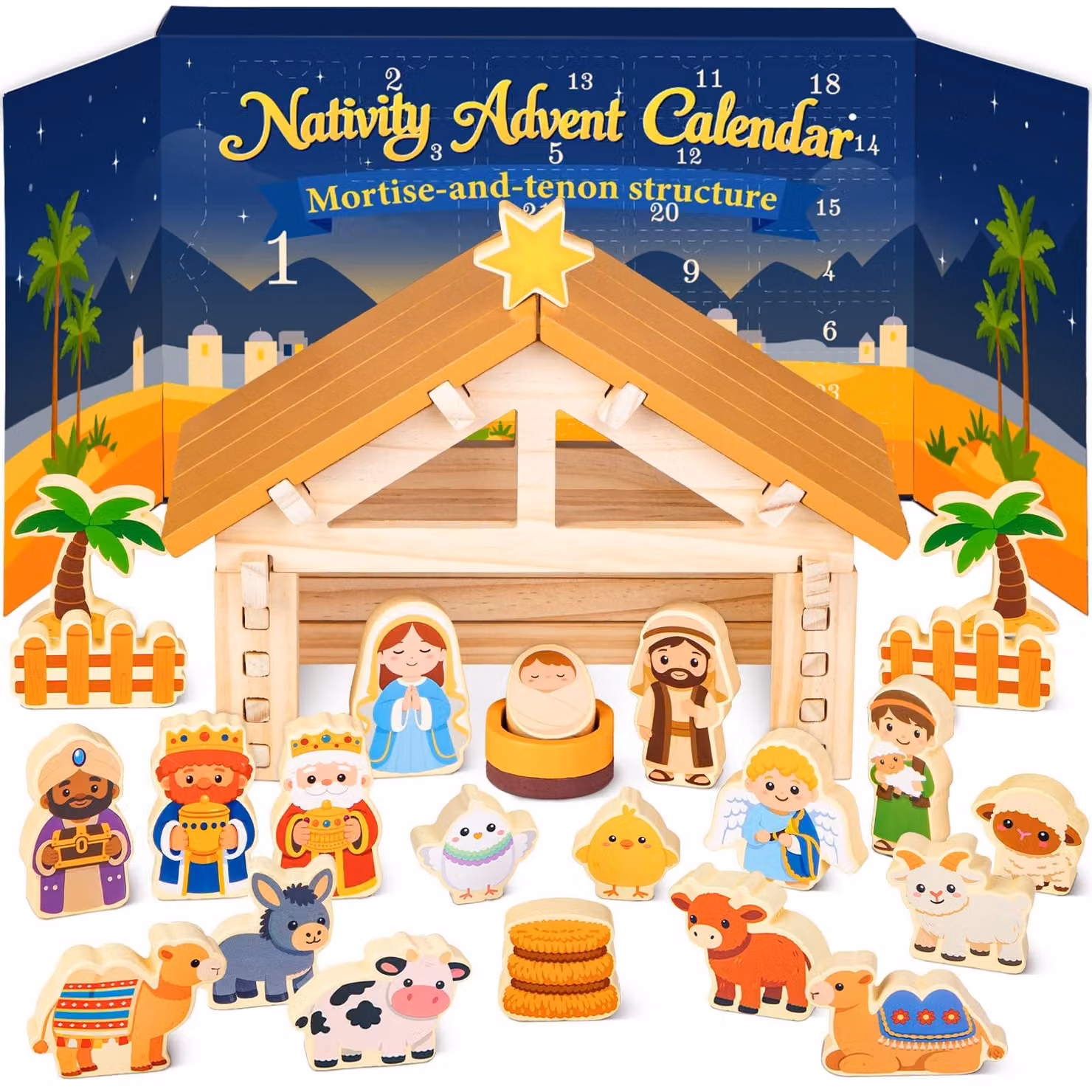 Calendario dell'Avvento in legno a tema presepe, 24 giorni, per bambini