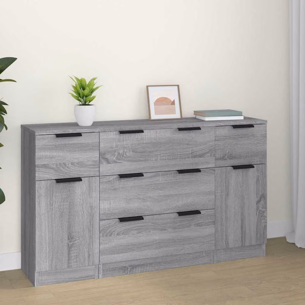 Set di 3 Credenze Moderno vidaXL in Legno Multistrato Grigio per Soggiorno e Sala da Pranzo – 1