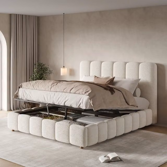 Letto matrimoniale imbottito contenitore 140x200 cm in bouclé bianco con rete a doghe