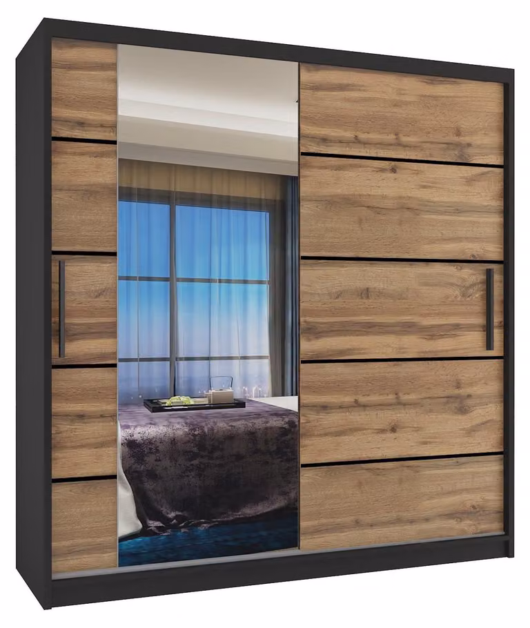 BELINI Verona, armadio scorrevole da 158 cm, nero/marrone dorato opaco - armadio con specchio e 2 cassetti, ideale per la camera da letto
