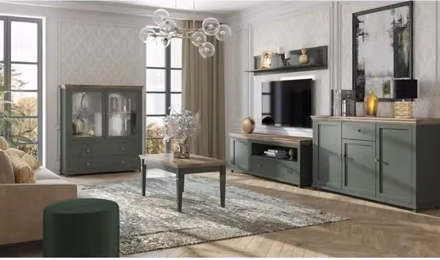 Set da soggiorno completo Assia di Meublorama composto da 5 mobili in stile classico chic, colore verde e rovere con illuminazione LED