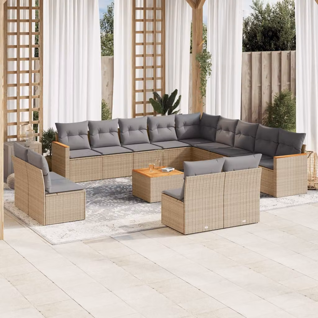 vidaXL Set Divano da Giardino a L 14 pz con Cuscini Beige e Grigio in Polyrattan e Legno di Acacia – 1