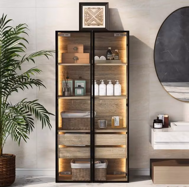 Mobile contenitore naturale in MDF con LED; 2 ante in vetro satinato e 2 cassetti