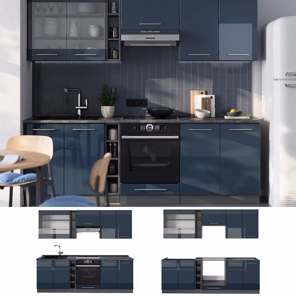 Cucina componibile moderna Vicco Fame-Line Blu scuro lucido e Antracite L: 235 cm, P: 60 cm, H: 205 cm – 2