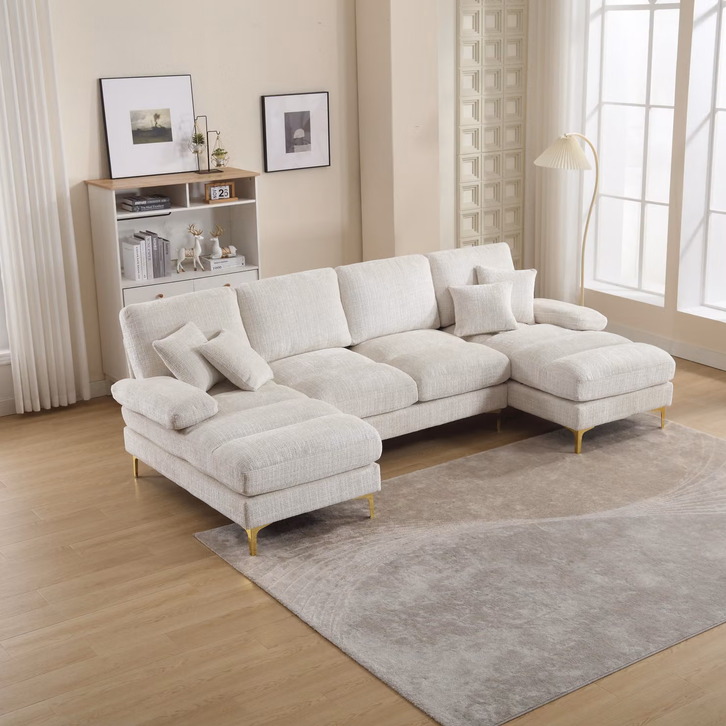 Divano letto STILVORA con gambe in metallo, divano angolare Divano modulare per soggiorno, camera da letto e ufficio, imbottito con doppia seduta reclinabile, beige