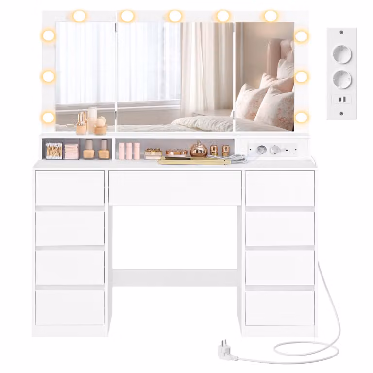 VASAGLE, tavolino da toilette con illuminazione a LED, tavolino da toilette con specchio pieghevole, cassetti, prese, colori della luce regolabili, bianco