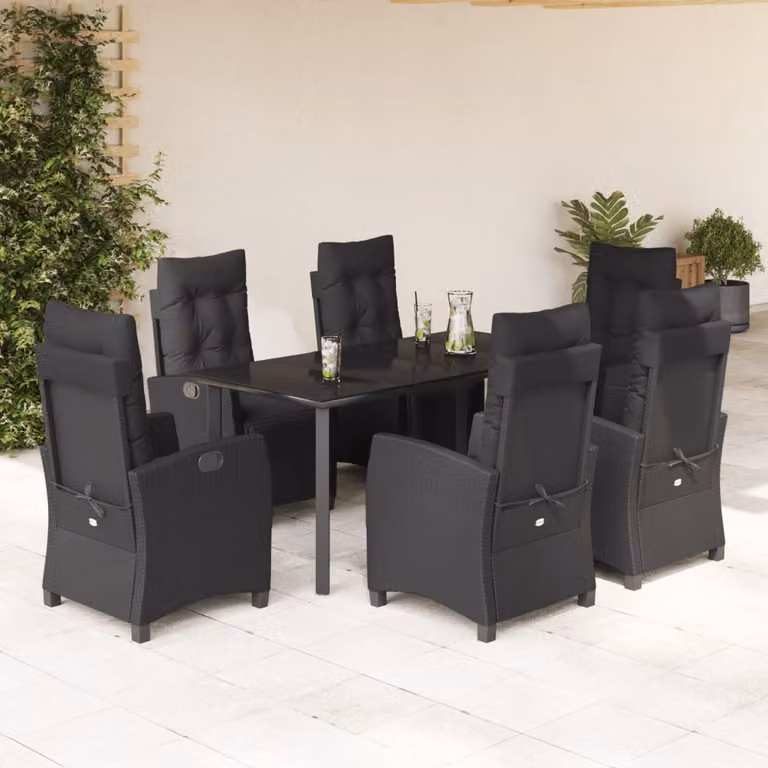Set da Pranzo da Giardino vidaXL 7 pz in Polyrattan Nero con Piano in Vetro