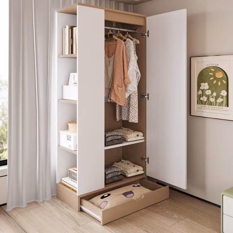 Armadio Merax: armadio a una porta con ripiani interni e cassetti, ideale come armadio per la camera da letto o come mobile contenitore. Finitura: naturale