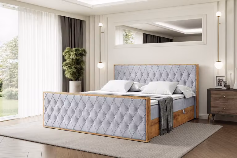 Letto boxspring ALTDECOR con materasso e rete a doghe, topper, pediera, letto imbottito con contenitore, letto con vano portaoggetti, materasso H3, letto matrimoniale, letto a cassettoni - LOLLI5-Z - 120x200 - Grigio Monolith