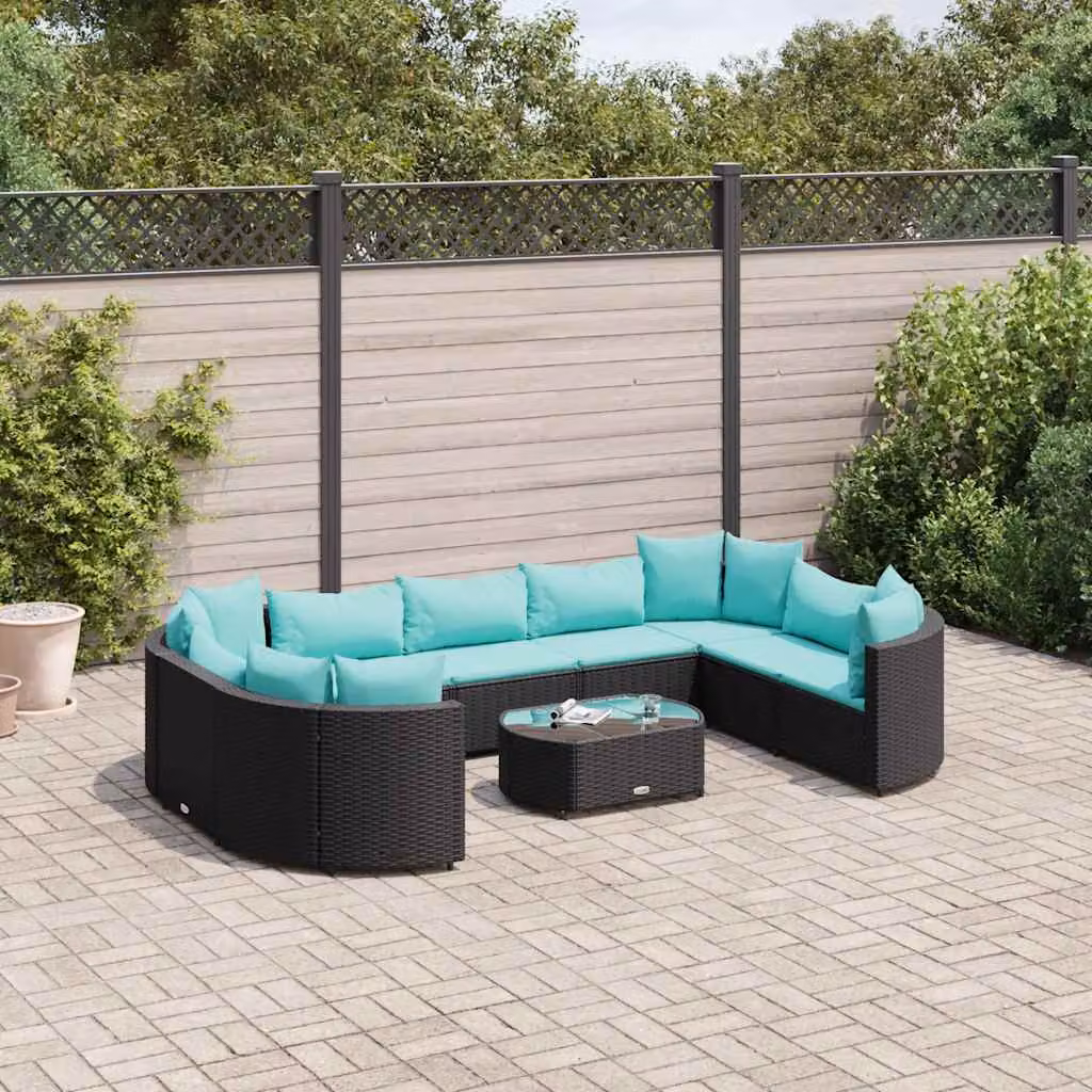 Set di Divani da Giardino vidaXL 10 Pezzi a Forma di U con Cuscini e Tavolino, Polyrattan Nero e Blu con Struttura in Acciaio – 1