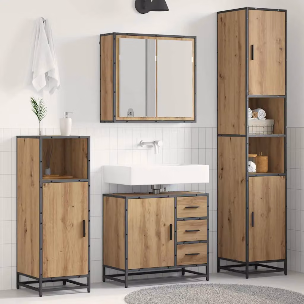 Set di mobili per il bagno moderno vidaXL in 3 pezzi color rovere con armadietto a specchio, mobile lavabo e colonna alta, materiale legno e metallo
