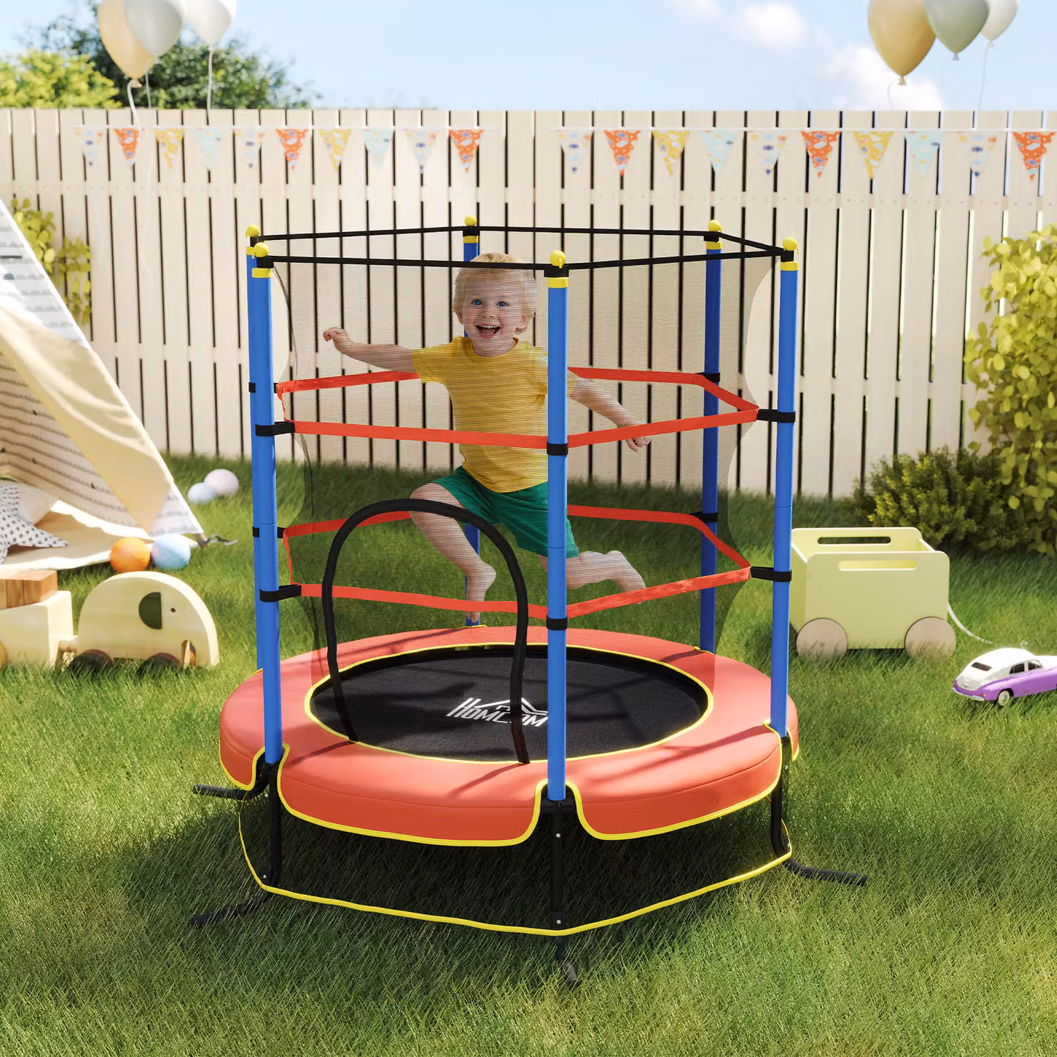 Trampolino per bambini HOMCOM con rete di sicurezza e pali imbottiti, blu – 2