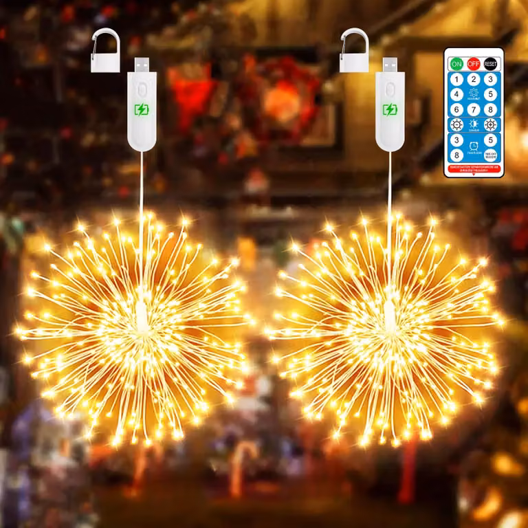 Catena luminosa a forma di fuochi d'artificio, 120 LED, confezione da 2, luce bianco caldo, ricaricabile