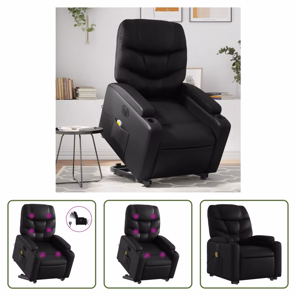 The Living Store Sedia massaggiante con supporto in piedi elettrica in ecopelle nera